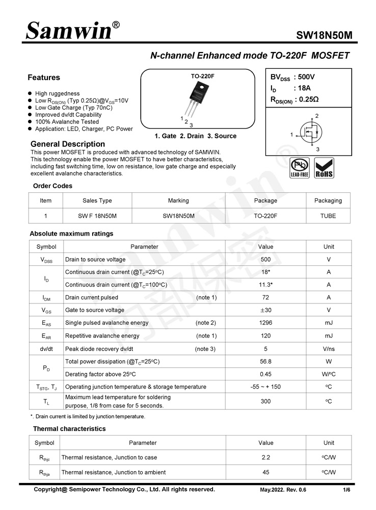 Samwin SW18N50M N-channel Enhanced mode TO-220F MOSFET