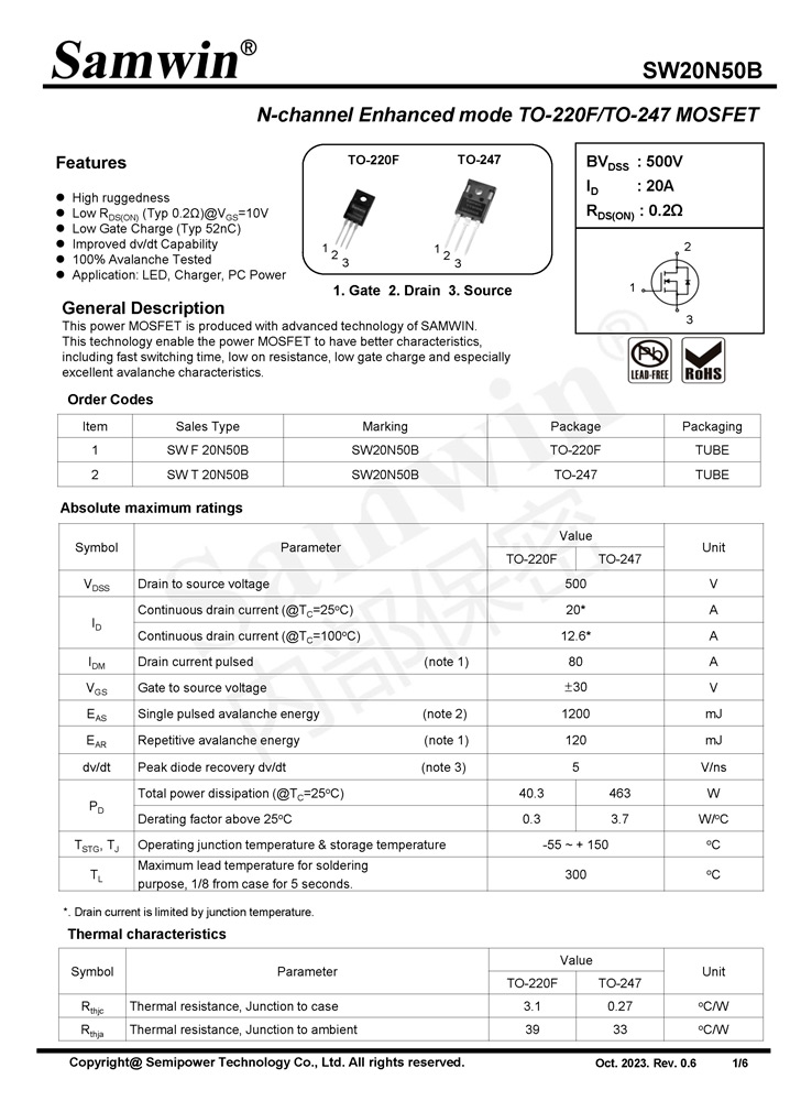 Samwin SW20N50B N-channel Enhanced mode TO-220F/TO-247 MOSFET