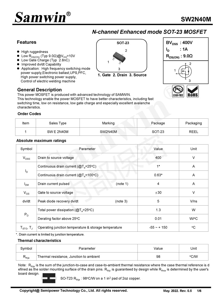 Samwin SW2N40M N-channel Enhanced mode STO-23 MOSFET