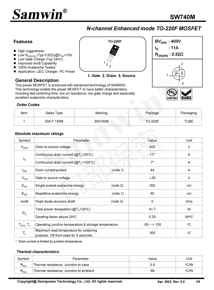 Samwin SW740M N-channel Enhanced mode TO-220F MOSFET