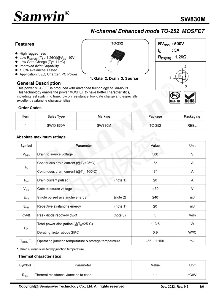 Samwin SW830M N-channel Enhanced mode TO-252 MOSFET