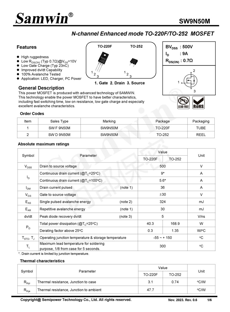 Samwin SW9N50M N-channel Enhanced mode TO-220F/TO-252 MOSFET