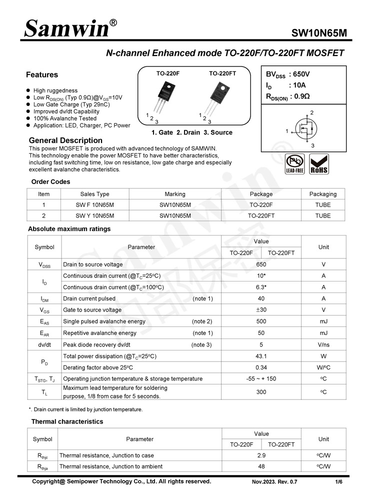 Samwin SW10N65M N-channel Enhanced mode TO-220F/TO-220FT MOSFET