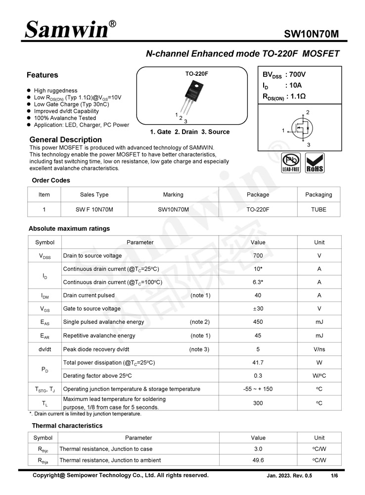 Samwin SW10N70M N-channel Enhanced mode TO-220F MOSFET