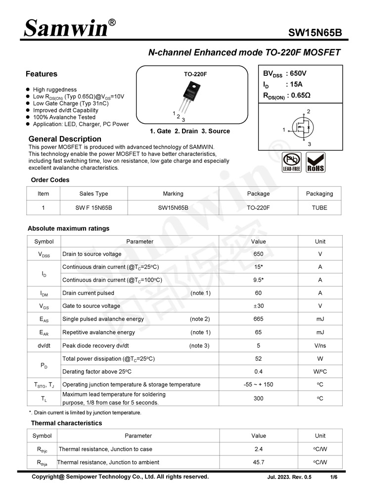 Samwin SW15N65B N-channel Enhanced mode TO-220F MOSFET