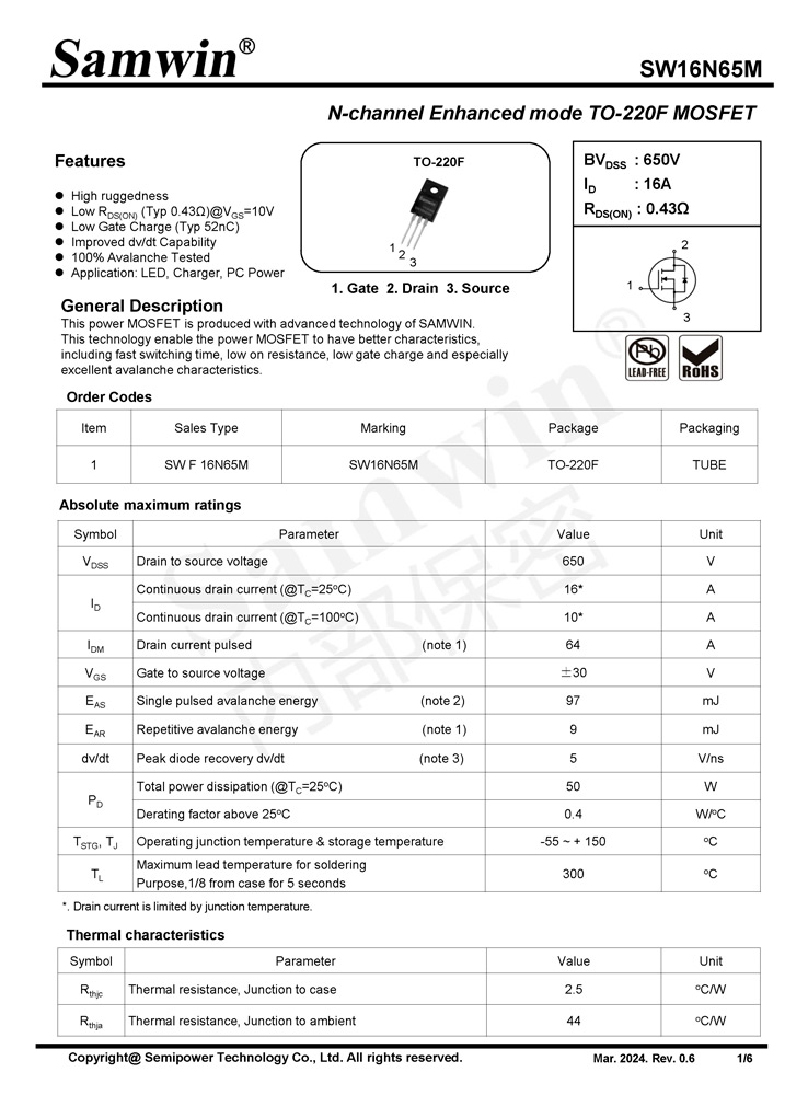 Samwin SW16N65M N-channel Enhanced mode TO-220F MOSFET