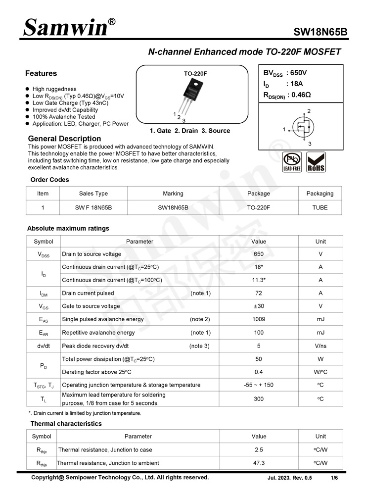 Samwin SW18N65B N-channel Enhanced mode TO-220F MOSFET