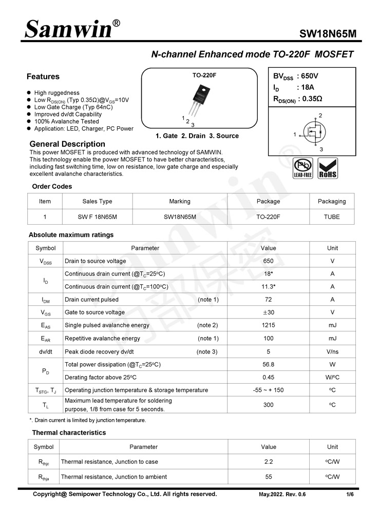 Samwin SW18N65M N-channel Enhanced mode TO-220F MOSFET