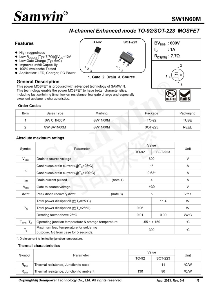 Samwin SW1N60M N-channel Enhanced mode TO-92/SOT-223 MOSFET