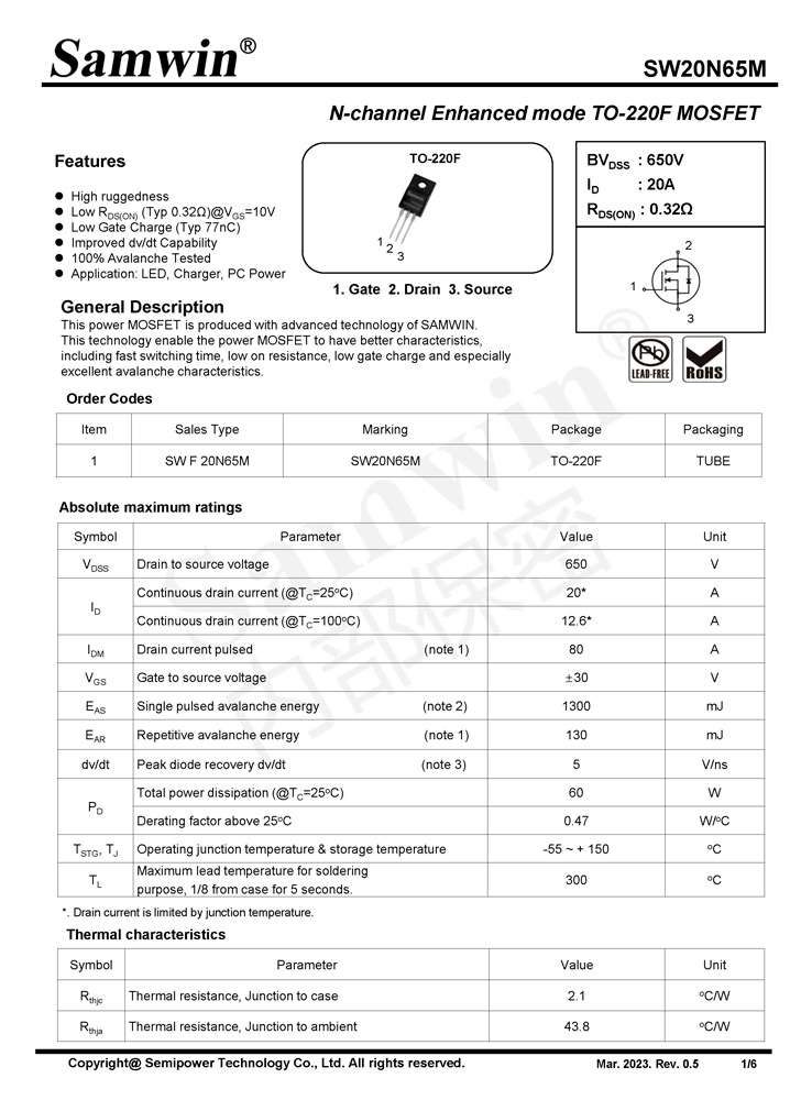 Samwin SW20N65M N-channel Enhanced mode TO-220F MOSFET