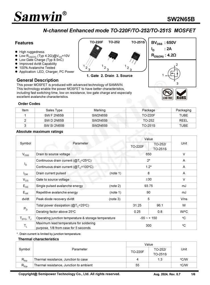 Samwin SW2N65B N-channel Enhanced mode TO-220F/TO-252/TO-251S MOSFET