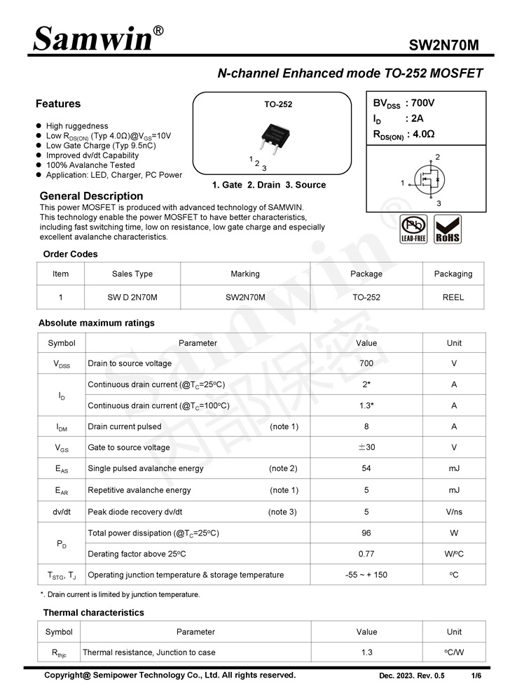 Samwin SW2N70M N-channel Enhanced mode TO-252 MOSFET