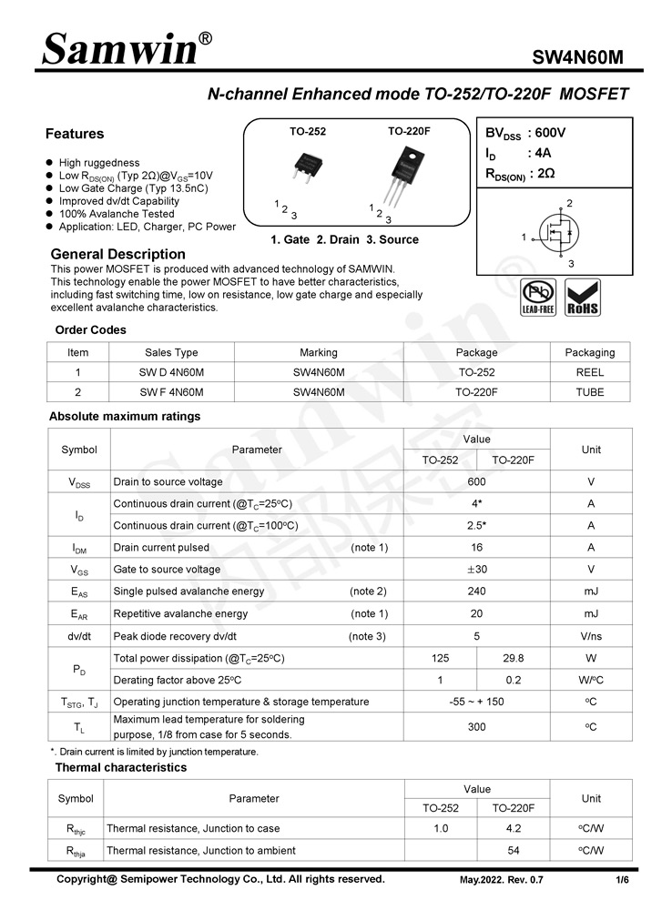 Samwin SW4N60M N-channel Enhanced mode TO-252/TO-220F MOSFET