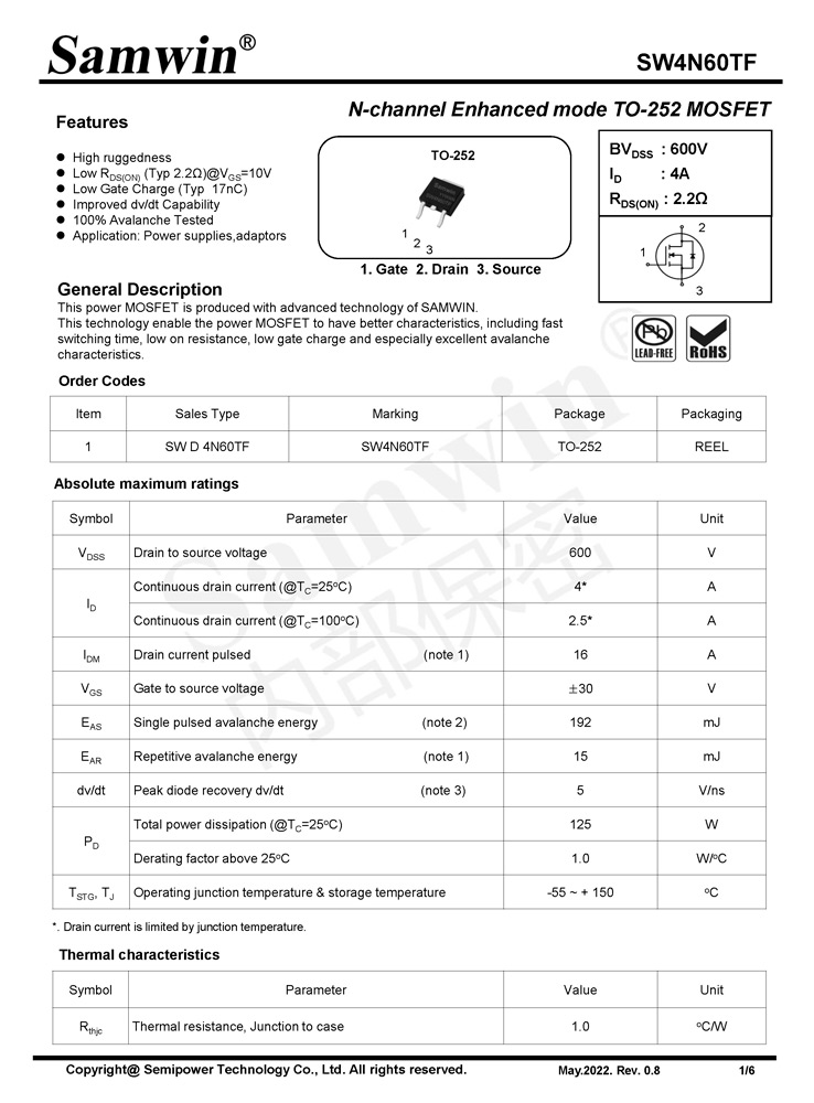 Samwin SW4N60TF N-channel Enhanced mode TO-252 MOSFET