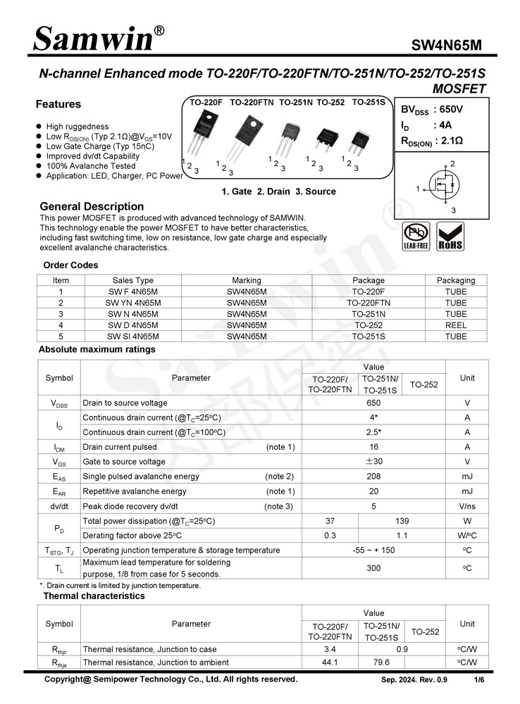 Samwin SW4N65M N-channel Enhanced mode TO-220F/TO-220FTN/TO-251N/TO-252/TO-251S MOSFET