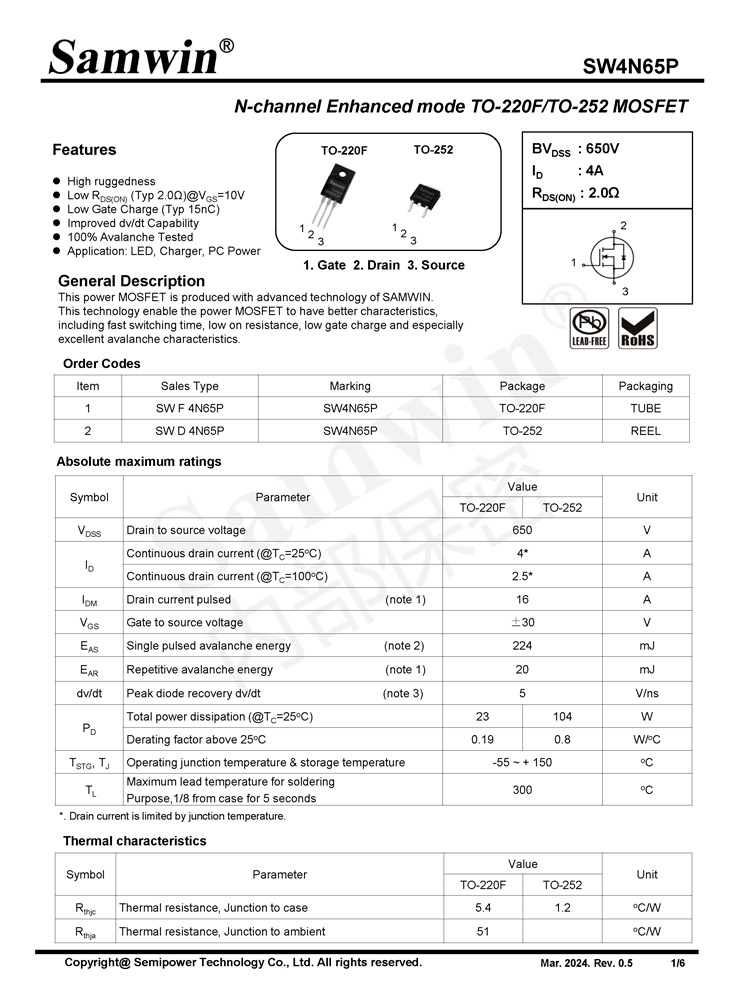 Samwin SW4N65P N-channel Enhanced mode TO-220F/TO-252 MOSFET