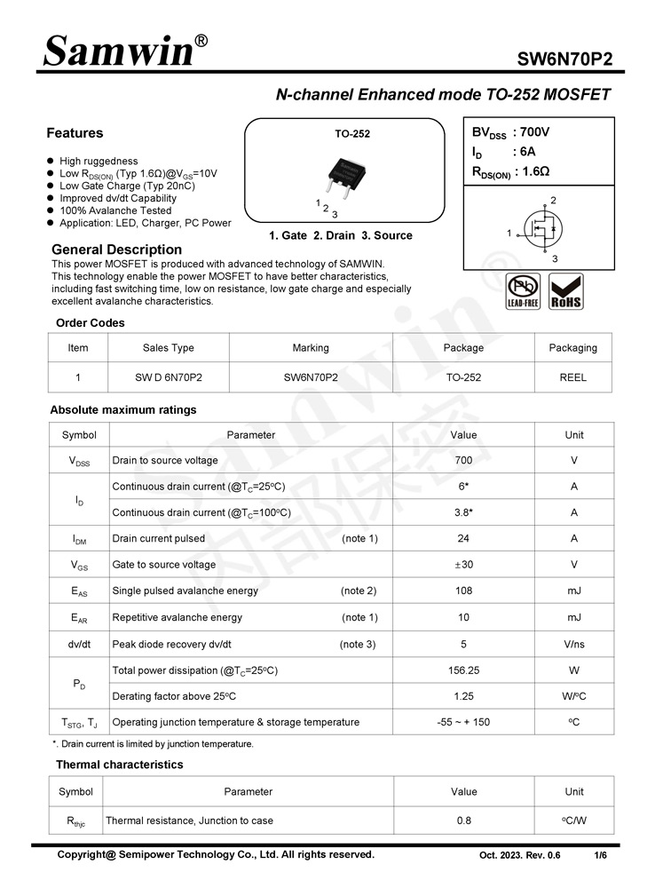 Samwin SW6N70P2 N-channel Enhanced mode TO-252 MOSFET