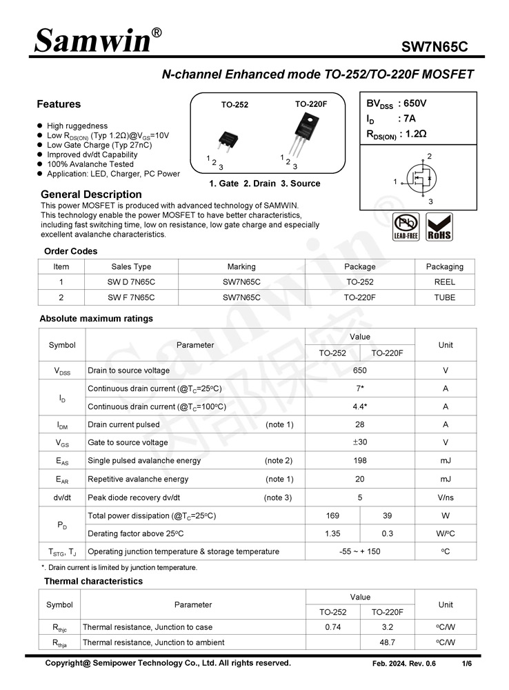 Samwin SW7N65C N-channel Enhanced mode TO-252/TO-220F MOSFET