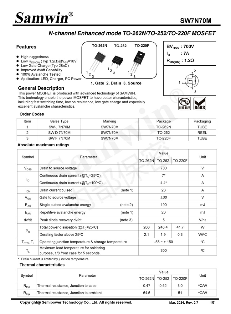 Samwin SW7N70M N-channel Enhanced mode TO-262N/TO-252/TO-220F MOSFET