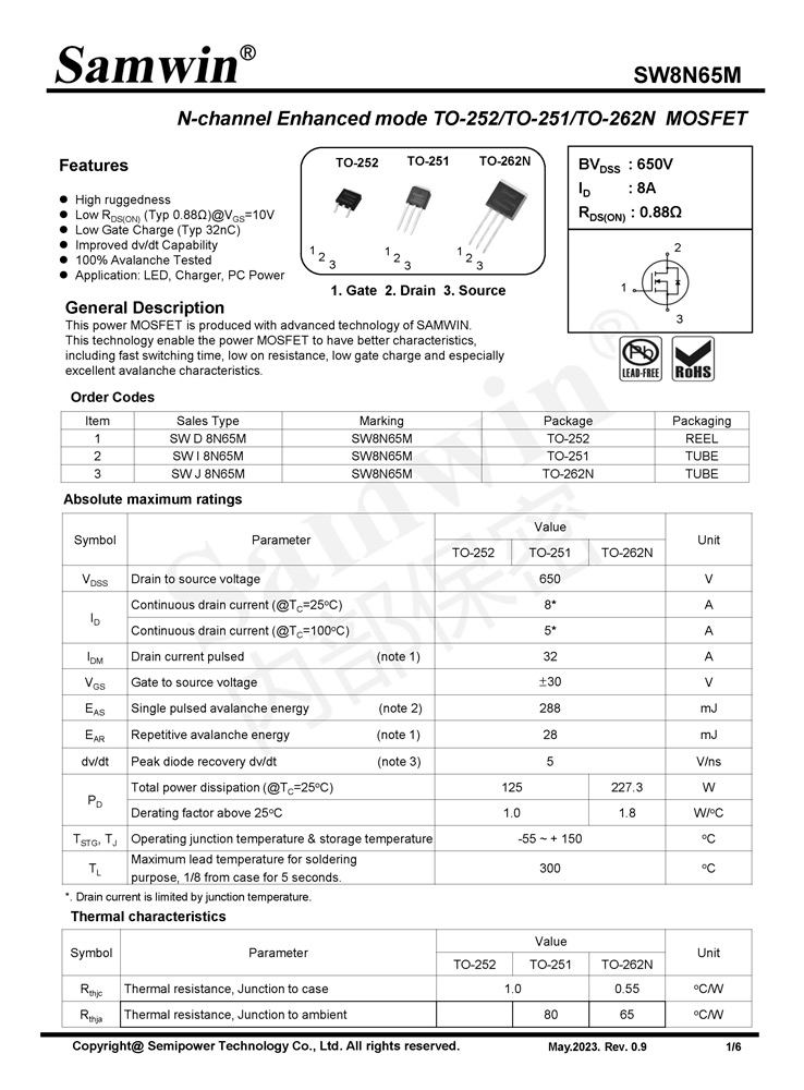 Samwin SW8N65M N-channel Enhanced mode TO-252/TO-251/TO-262N MOSFET