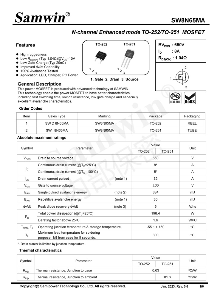 Samwin SW8N65MA N-channel Enhanced mode TO-252/TO-251 MOSFET