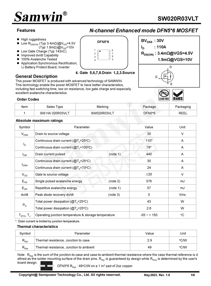 Samwin SW020R03VLT N-channel Enhanced mode DFN5*6 MOSFET