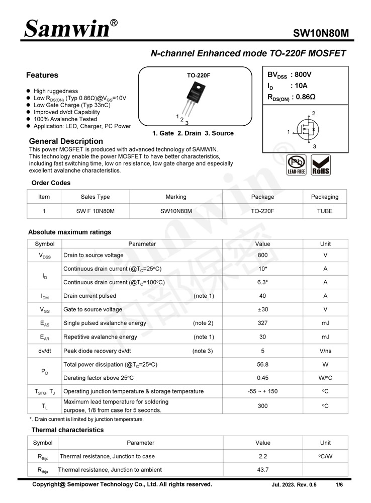 Samwin SW10N80M N-channel Enhanced mode TO-220F MOSFET