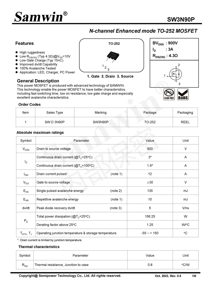 Samwin SW3N90P N-channel Enhanced mode TO-252 MOSFET