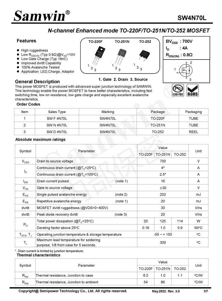 Samwin SW4N70L N-channel Enhanced mode TO-220F/TO-251N/TO-252 MOSFET