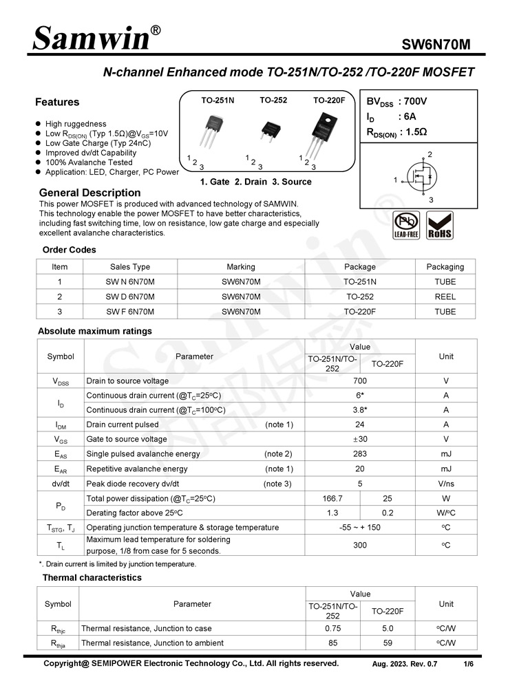 Samwin SW6N70M N-channel Enhanced mode TO-251N/TO-252/TO-220F MOSFET