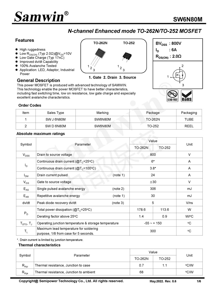 Samwin SW6N80M N-channel Enhanced mode TO-262N/TO-252 MOSFET