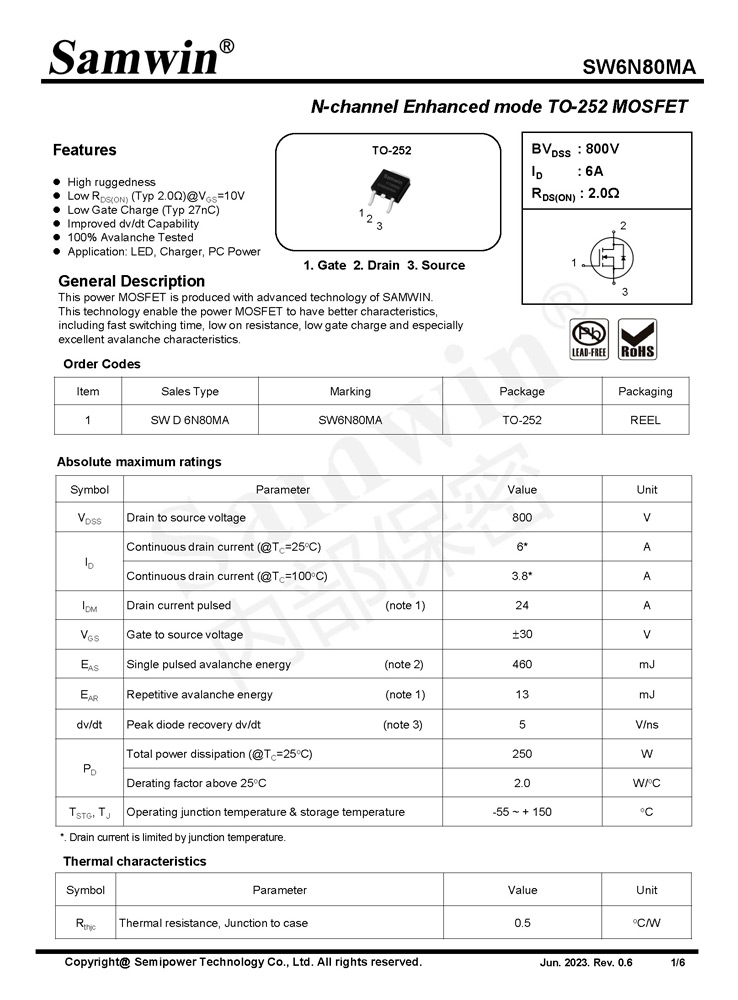 Samwin SW6N80MA N-channel Enhanced mode TO-252 MOSFET