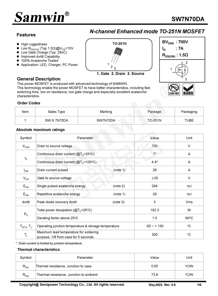 Samwin SW7N70DA N-channel Enhanced mode TO-251N MOSFET