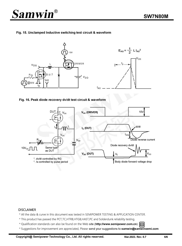 Samwin SW7N80M N-channel Enhanced mode TO-220F/TO-262N MOSFET