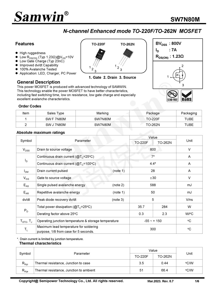 Samwin SW7N80M N-channel Enhanced mode TO-220F/TO-262N MOSFET