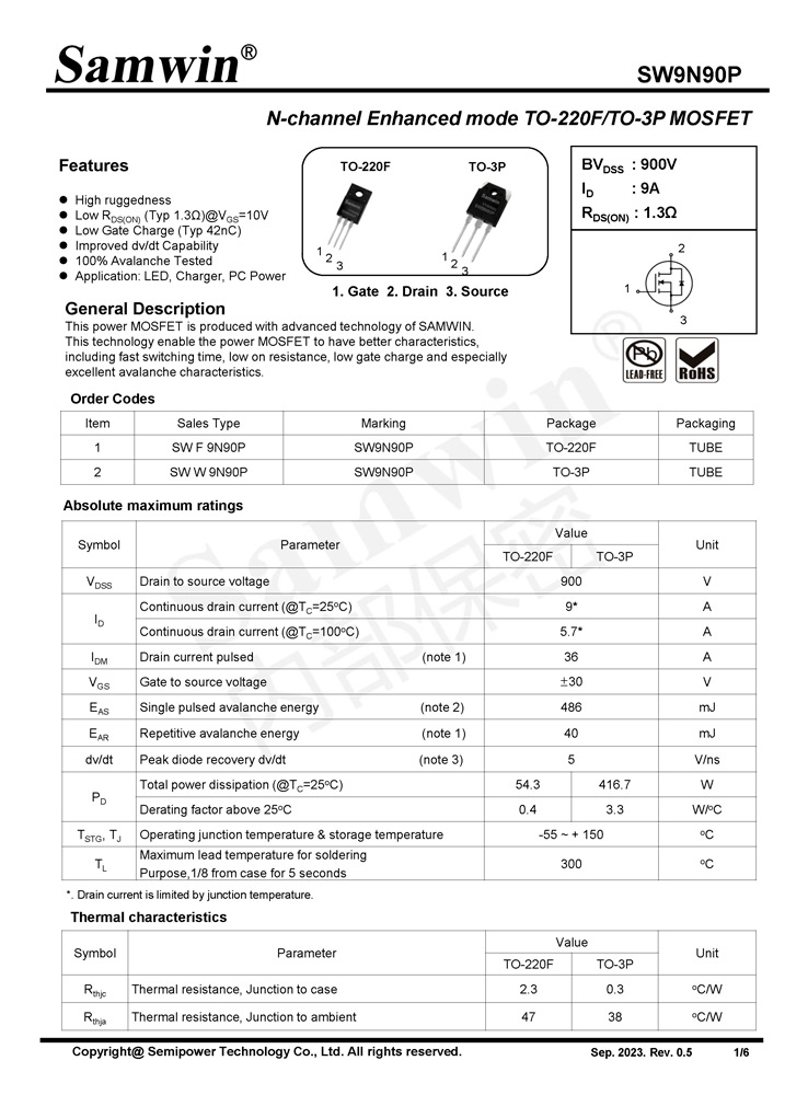 Samwin SW9N90P N-channel Enhanced mode TO-220F/TO-3P MOSFET