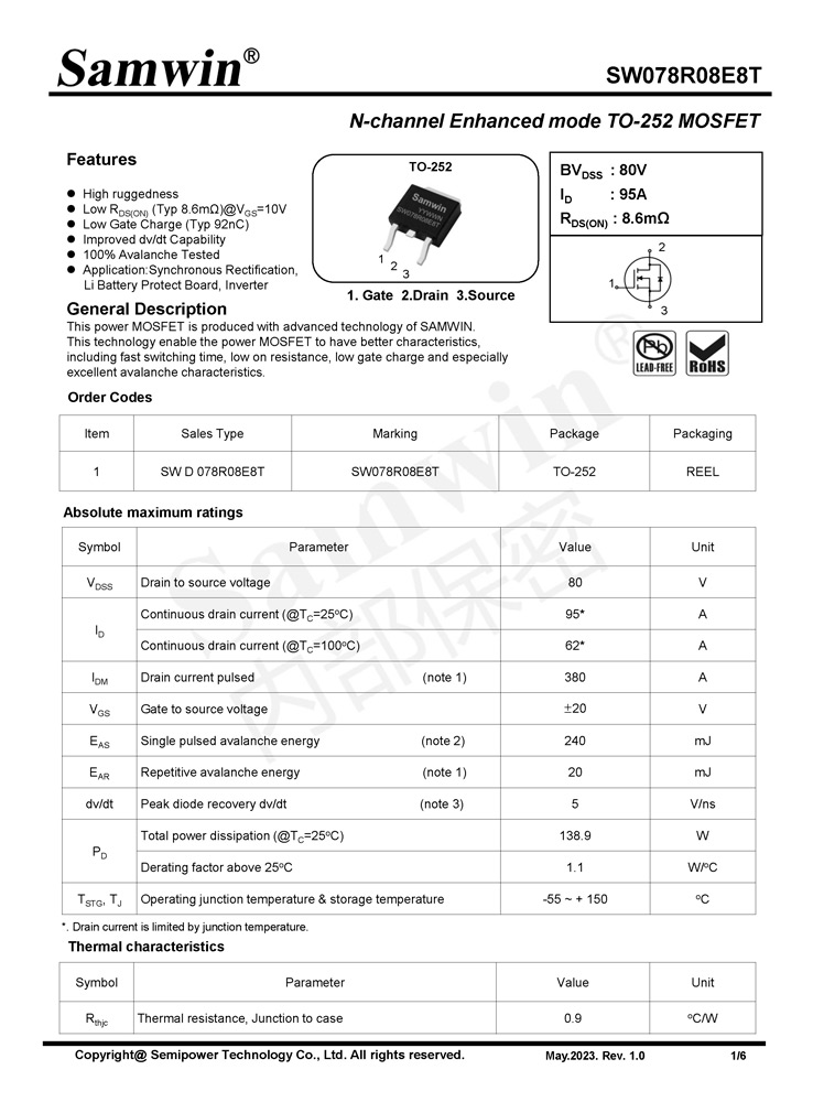 Samwin SW078R08E8T N-channel Enhanced mode TO-252 MOSFET