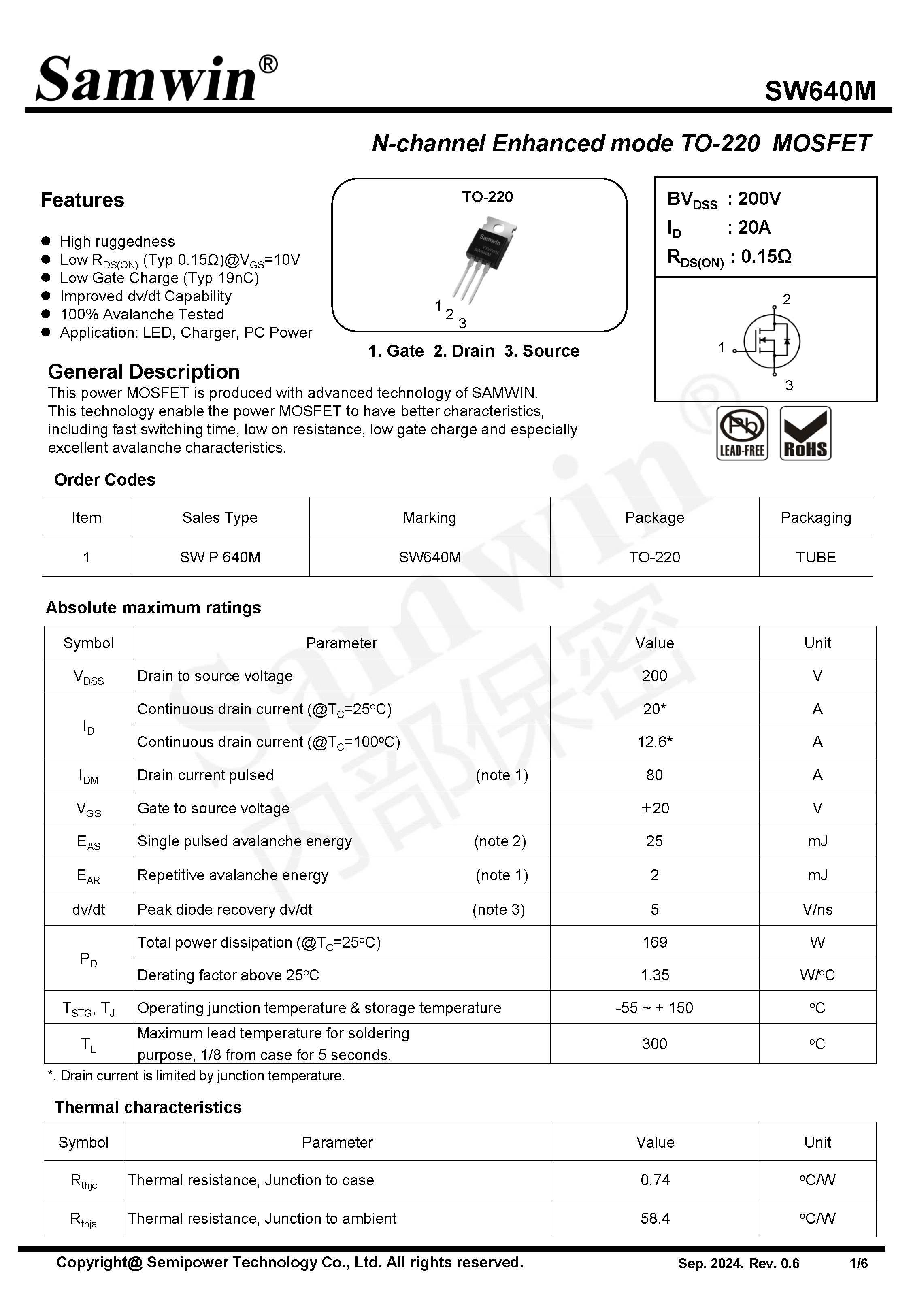 Samwin SW640M N-channel Enhanced mode TO-220 MOSFET